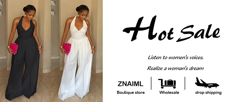 Znaiml Elegant Evening Gowns Biarthday Party One Pieces Wide Leg Pants Outfit for Women White Halter Backless Jumpsuit Rompers