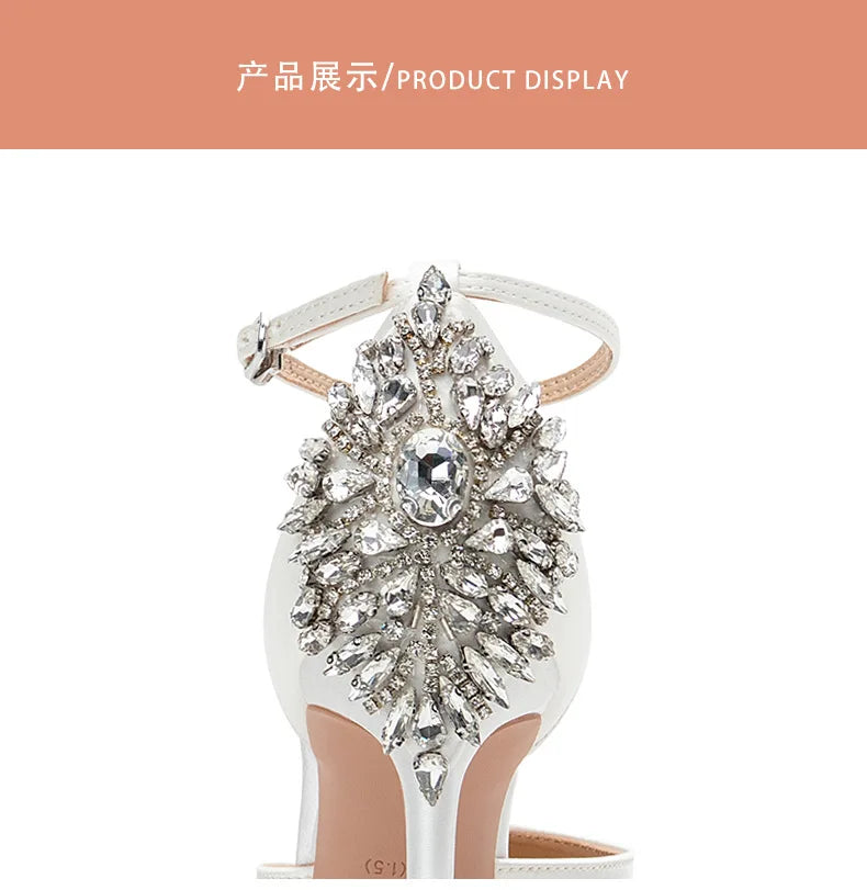 Baotou Hollow High Heel Women's Sandals Pointed Tip Thin Heel One-word Button Rhinestone Wedding Shoes Bridal Shoes