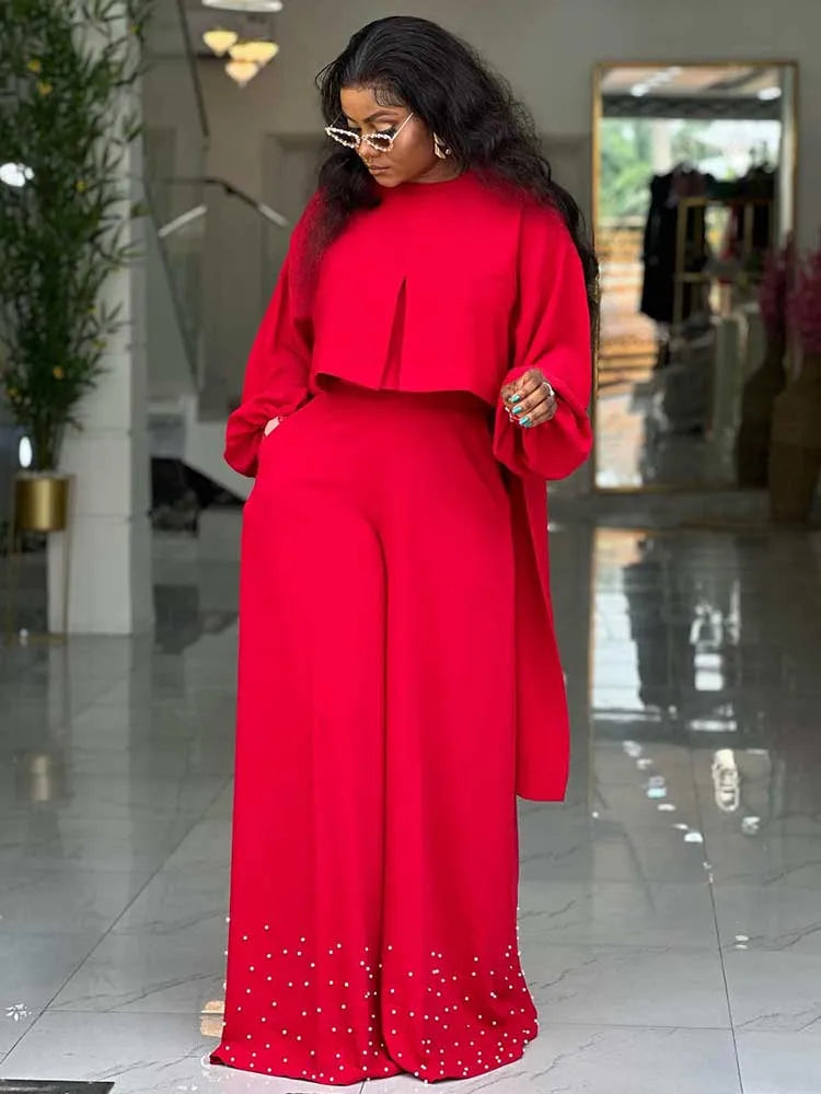 Spring Clothes for Women 2 Piece Sets Women Outfit Lantern Sleeves Suit with Wide Pants and Top High Street Ladies Elegant Sets