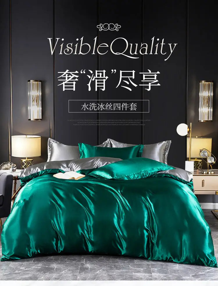 Nordic Satin Silk Bedding Set with Duvet Cover Bed Sheet Pillowcases Luxury Solid Single Double Couple Pillow Case Bedsheet
