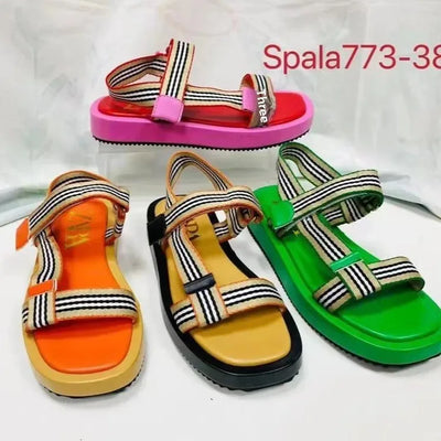 Wish Color Block Flat Bottom Square Head Sandals Women's Crossbody Woven Sports Style Magic Tape Beach Slippers
