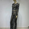 Festival Outfit Women High End Fashion Nude Color Rhinestone Mesh Long Sleeve O Neck Crop Top and Long Skirts Gala Two Piece Set