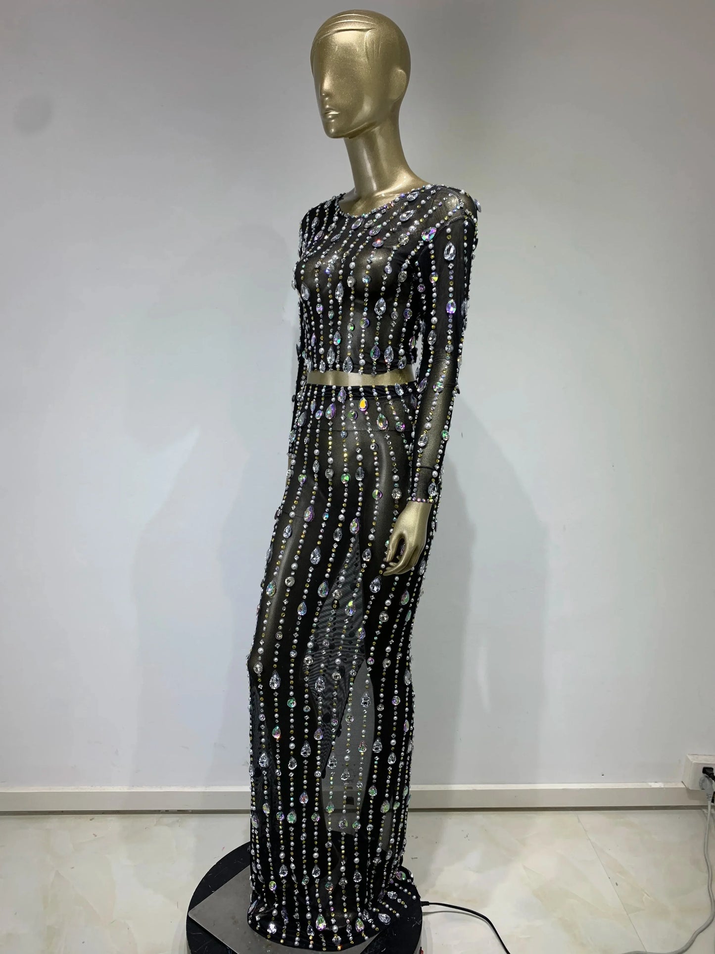 Festival Outfit Women High End Fashion Nude Color Rhinestone Mesh Long Sleeve O Neck Crop Top and Long Skirts Gala Two Piece Set