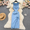 YuooMuoo Fashion Summer Bodycon Knitted Dress Sexy Package Hips Drawstring Split Black Women Dress Basic Lady Party Vestidos
