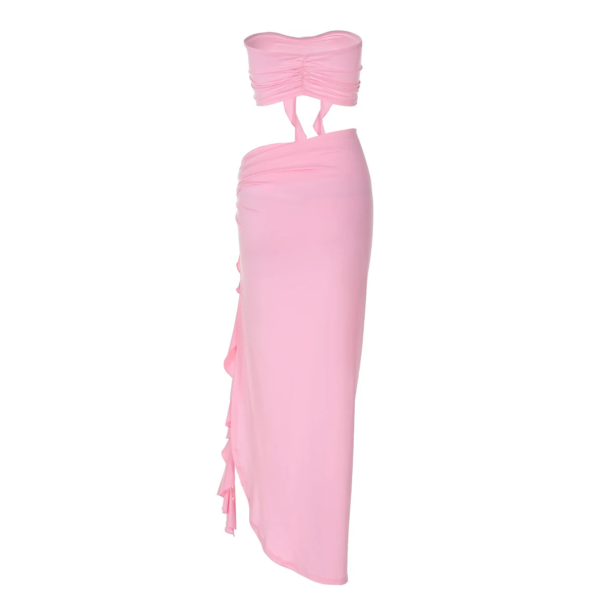 Hugcitar Fashion 2 Pcs Sets Strapless Tie Flower Draped Sexy Crop Tank Top Slit Tassel Maxi Skirt Women Outfit Festival Party