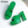 Eilyken Summer Fashion Women's Slippers Banquet Nightclub Platform Chunky High Heels Slide Mule Shoes Green White Sandals