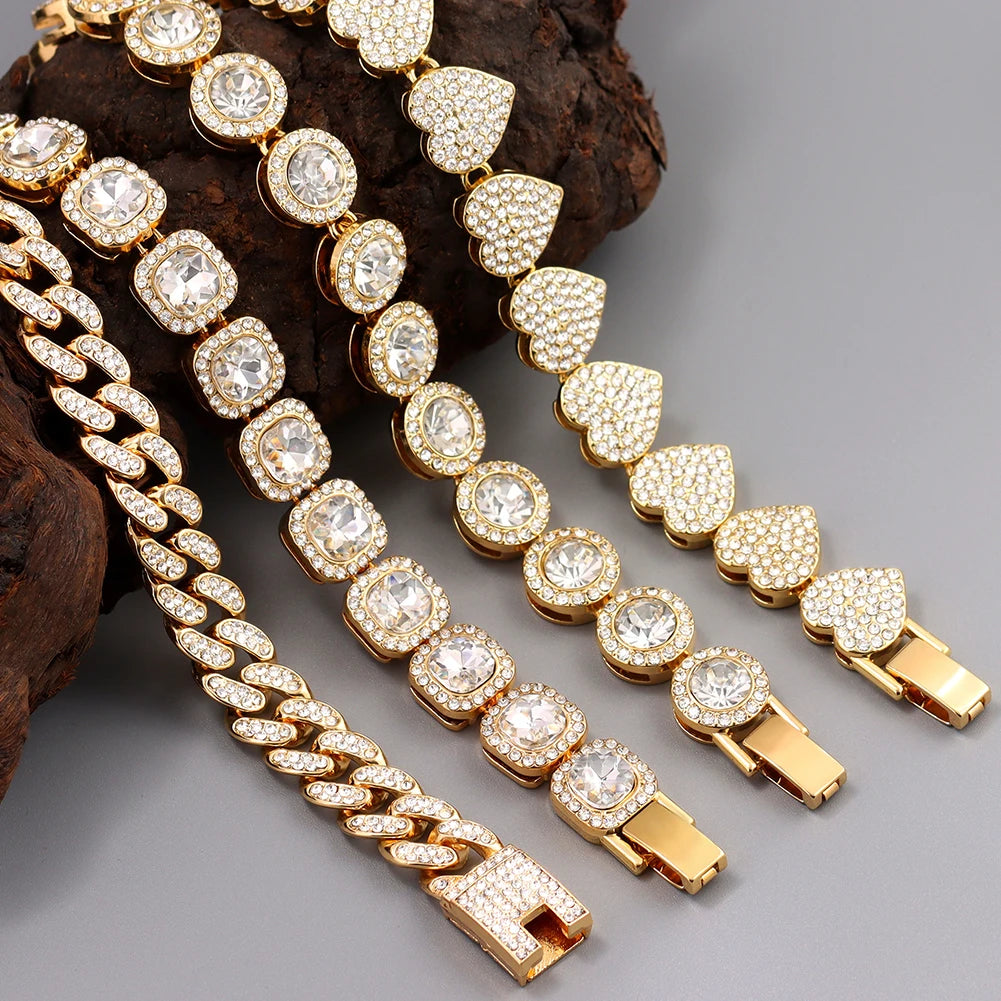 Iced Out Pink Cuban Bracelet for Women Hip Hop Gold Silver Color Crystal Heart Circle Square Bracelet 4Pcs Set Jewelry Gift