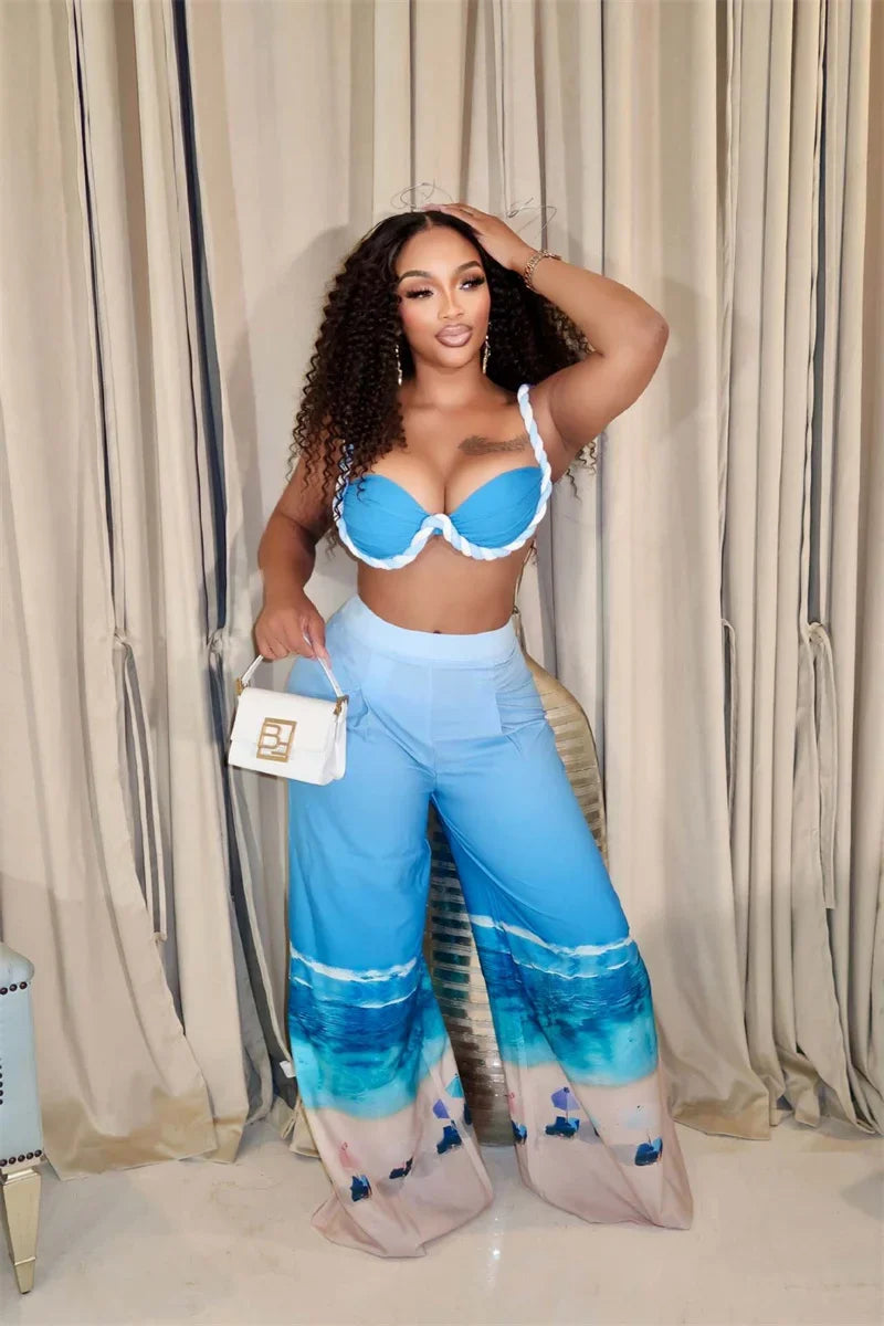 Sexy Nightclub Outfits for Women 2 Piece Set Birthday Vacation Bra Crop Top and Print Wide Leg Pants Matching Sets Beach Wear