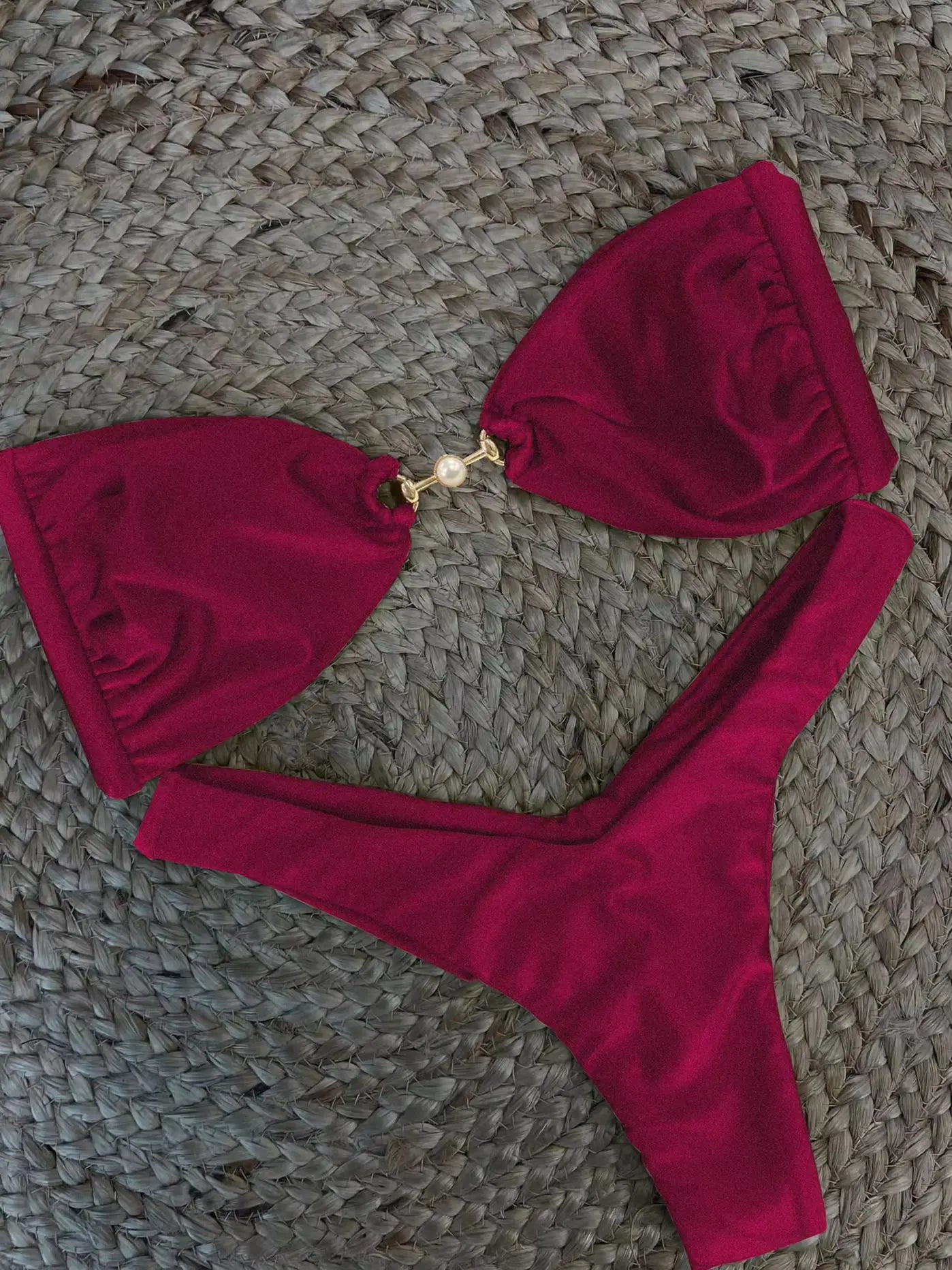 2025 New Sexy Burgundy Bikini Set with Gold Detail- Bandeau Top with High-Cut Bottoms, Perfect for Summer Beach and Pool Parties