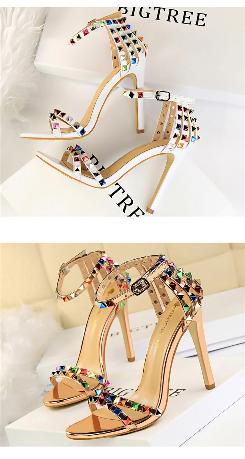 Summer Women Roman High Heels Rivets Studded Sandals Stiletto Gladiator Pumps Open Toe Luxury Shoes Hollow One-word Buckle 267-2