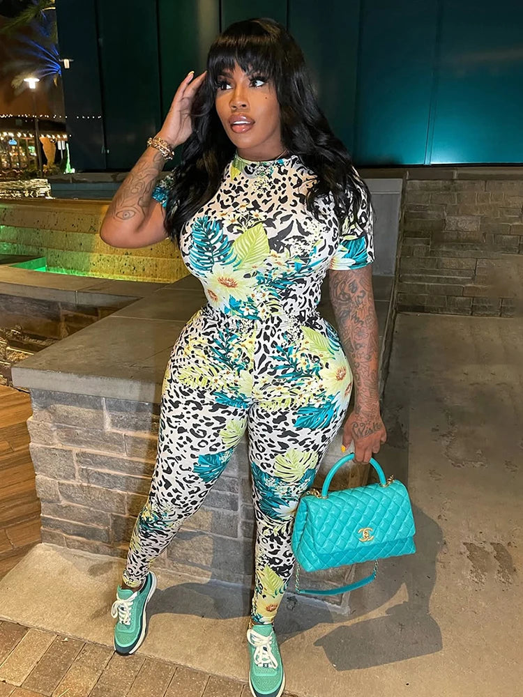 Insglas Print Jumpsuit Women Casual Colorful  Short Sleeve Summer Activity o-Neck Skinny Stretch Fitness Soft Street Overalls