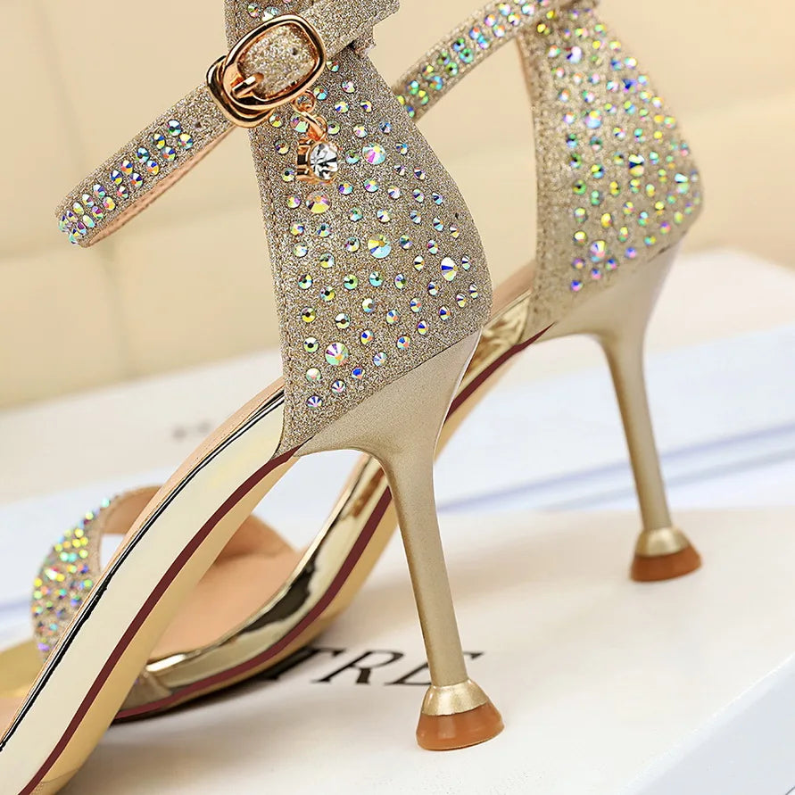 Women Summer Sandals 8.5cm High Heels Rhinestone Crystal Middle Heels Ankle Strappy Sandles Lady Wedding Event Party Gold Shoes