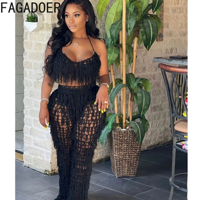 FAGADOER Sexy Hollow Out Tassels Pants Two Piece Sets Women Halter Sleeveless Backless Crop Top + Pants Outfit Female Streetwear