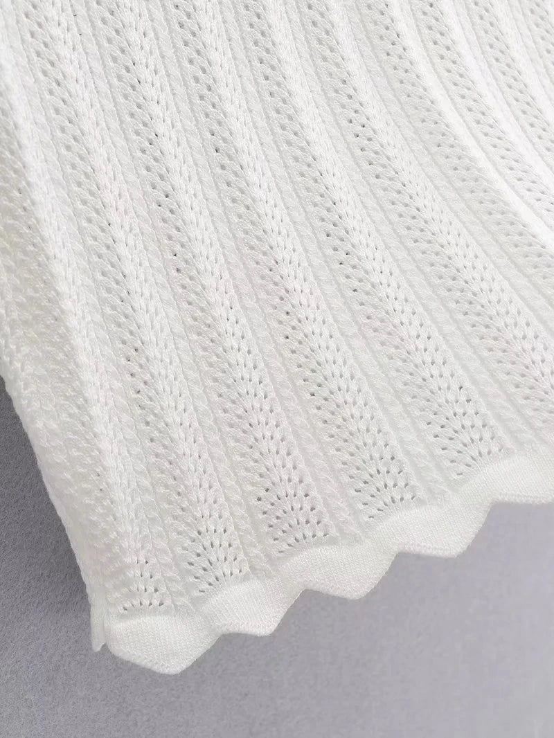 Women V Neck Knitted Crochet Tee With