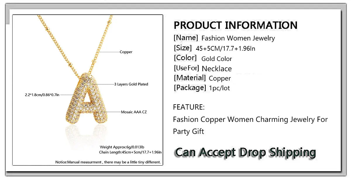 SUNSLL Cubic Zircon A-Z 26 Bubble Letter Necklace 2 Sizes Gold Plated M Chunky Balloon Initials Pendant Women Chain Jewelry 2024