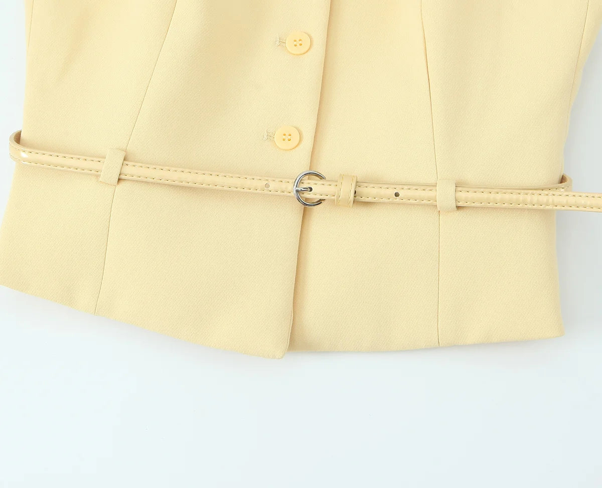 TRAFZA Women Fashion Suit Yellow V-Neck Sleeveless Belt Sngle Breasted Tops+High Waist Pocket Belt Long Skirts Female Summer Set