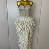 Stock 2025 Women Sexy Sparkly Rhinestone Mesh Feather Long Dress Elegant Evening Party Celebrate Birthday Performance Costume