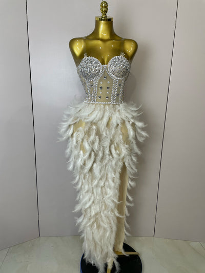 Stock 2025 Women Sexy Sparkly Rhinestone Mesh Feather Long Dress Elegant Evening Party Celebrate Birthday Performance Costume