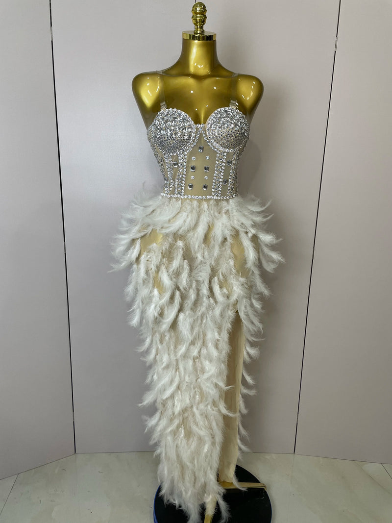 Stock 2025 Women Sexy Sparkly Rhinestone Mesh Feather Long Dress Elegant Evening Party Celebrate Birthday Performance Costume