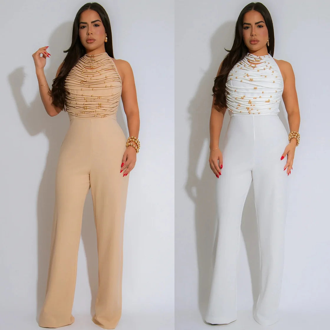 HLJ Elegant Beaded Patchwork Bodycon Jumpsuits Woman Sleeveless Backless Flare Pants One Piece Romper Female Streetwear Overalls