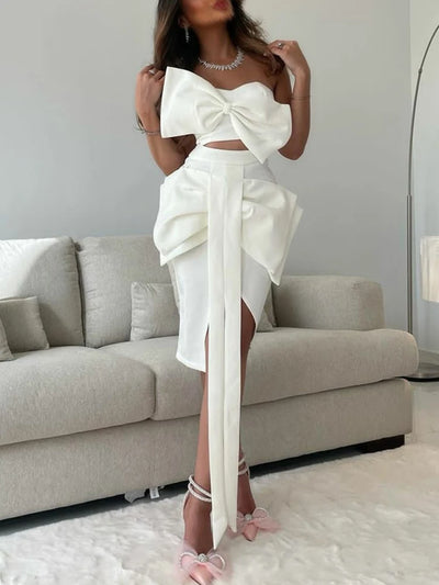 VGH Strapless Slim Solid Sets For Women Sleeveless High Waist Patchwork Bow Top Irregular Sexy Mini Two Piece Set Female Clothes
