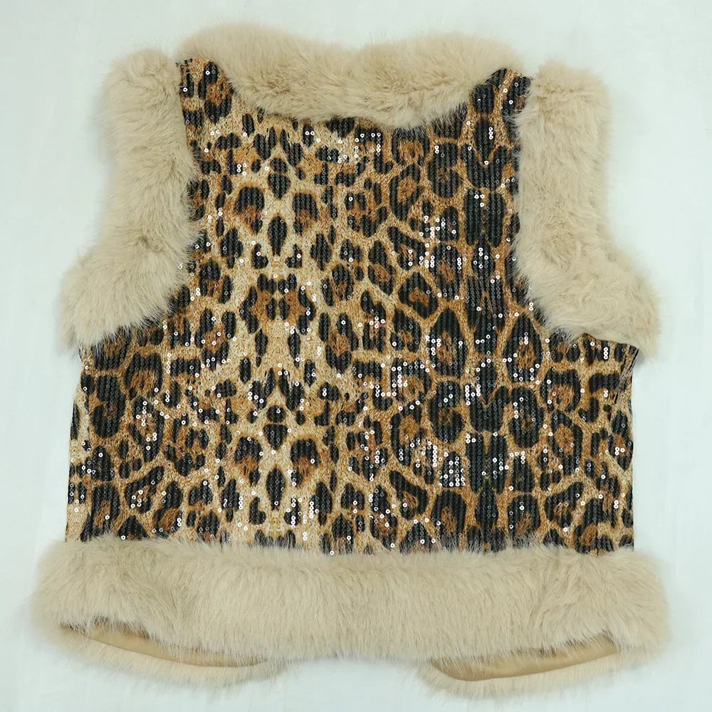 CM.YAYA Women's Set Sleeveless Fur Leopard Sequined V-neck Wool Vest and Pant Suits 2024 Street Two 2 Piece Set Outfit Tracksuit
