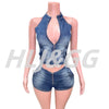 HLJ&GG Blue Fashion Denim Halter Two Piece Sets Women Sleeveless Backless Slim Crop Top And Skinny Jean Pants Outfits Streetwear