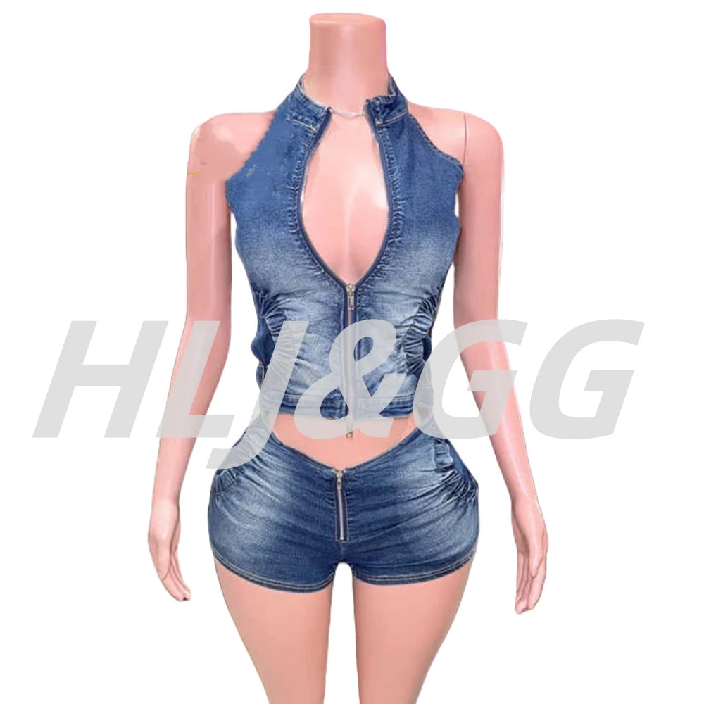 HLJ&GG Blue Fashion Denim Halter Two Piece Sets Women Sleeveless Backless Slim Crop Top And Skinny Jean Pants Outfits Streetwear
