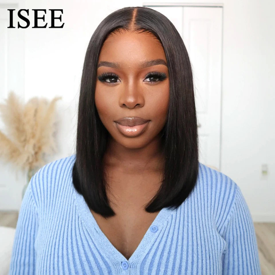 ISEE HAIR Wear And Go Glueless Human Hair Wig Bob HD Lace Straight Short Bob 6x4 Lace Frontal Pre Plucked Human Wigs Ready To Go