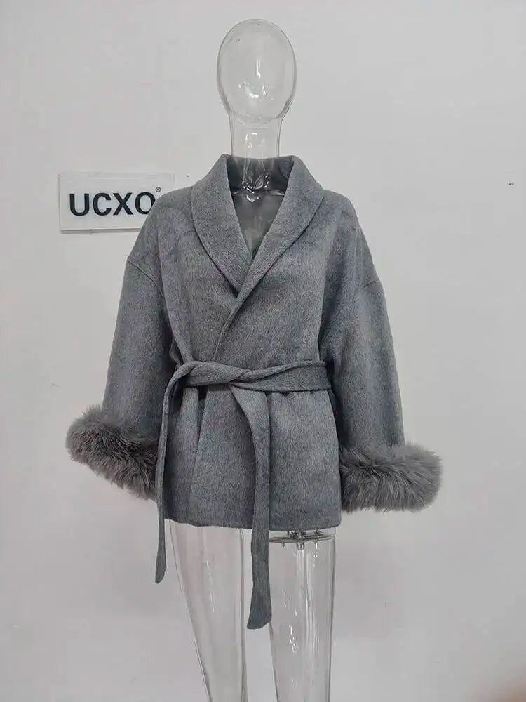 UCXQ Elegant OL Office Lady Overcoats Fur Patchwork Long Sleeve Woolen Coat Beautiful Women's Clothing Jacket Autumn 2025 Winter