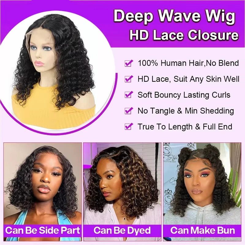 13x4 Short Bob Wig Human Hair Deep Wave 100% Brazilian Curly Human Hair Wigs Transparent Lace Front Wigs For Women Preplucked