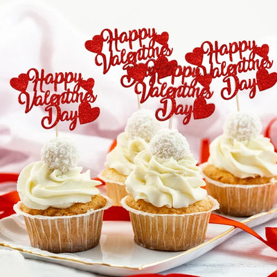 YOMDID 24Pcs Happy Valentines Day Cupcake Toppers Glitter Red Decorations Valentines Day Cupcake Picks Gift for Valentine\'s Day