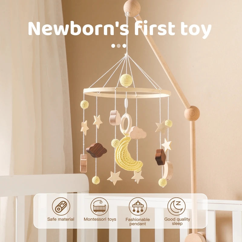 Crib Mobile Bed Bell Wooden Baby Rattles Soft Felt Cartoon Animal Bed Bell Newborn Music Box Hanging Toy Crib Bracket Baby Gifts