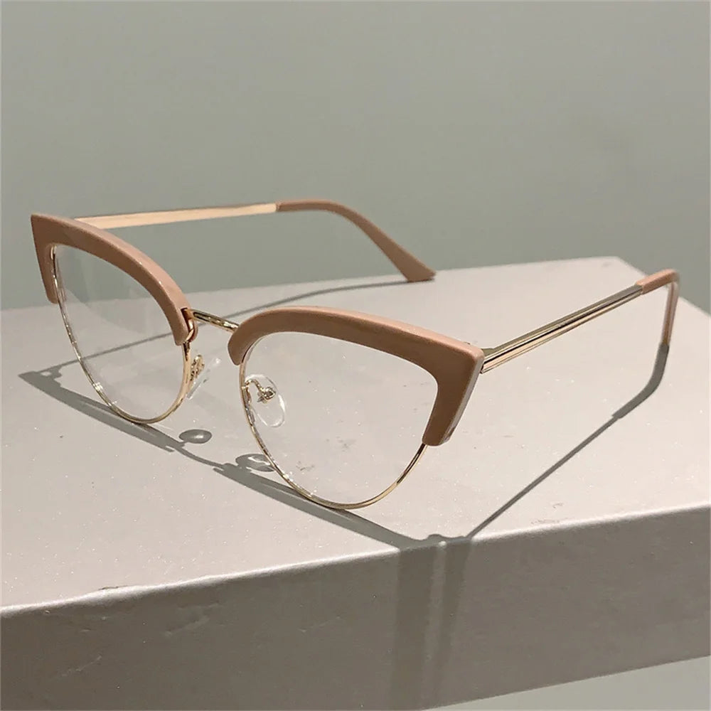 2023 New Vintage Cat Eye Glasses Frame New Stylish Semi Metal Rim Women Eyewear Trendy Brand Design Non-prescription Eyeglasses