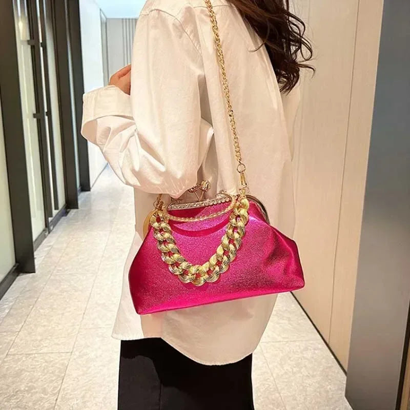 2024 Luxury Women Gold Green Chain Messenger Bags PU Leather Shoulder Bags Shell Clip Designer Handbag And Purse Wedding Clutch