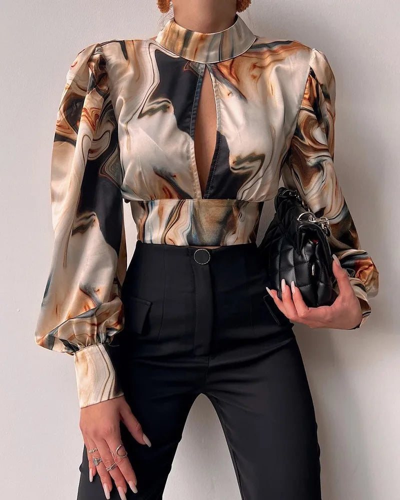 Spring Women Sexy Backless Hollow Print Shirts Tops 2024 Casual Stand Long Sleeve Office Lady Blouses Fashion Party Crop Top