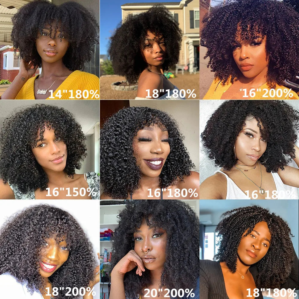 Afro Kinky Curly Wigs with Bangs 250% Density Brazilian Remy Human Hair Full Machine Made Wigs Short Afro Curly Wigs For Women