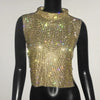 Sexy Rhinestone Backless Party Crop Top Women Glitter Turtleneck TShirt Adjustable Metal Chain Summer Nightculb Diamond Tank Top
