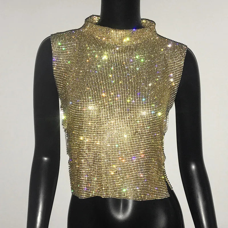 Sexy Rhinestone Backless Party Crop Top Women Glitter Turtleneck TShirt Adjustable Metal Chain Summer Nightculb Diamond Tank Top