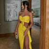 Hugcitar Fashion 2 Pcs Sets Strapless Tie Flower Draped Sexy Crop Tank Top Slit Tassel Maxi Skirt Women Outfit Festival Party