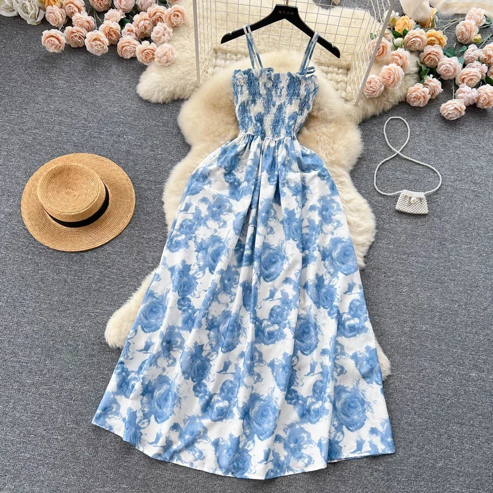 2024 New Summer Korean Fashion Rose Flower Print Romantic Retro Party Dress Elastic High Waist Vacation Long Dress Beach Vestido