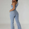 Flare Denim Pants Full Length Women Jeans One Piece Overalls Spliced Solid Jumpsuits Loose Pockets High Waist Basics Washed