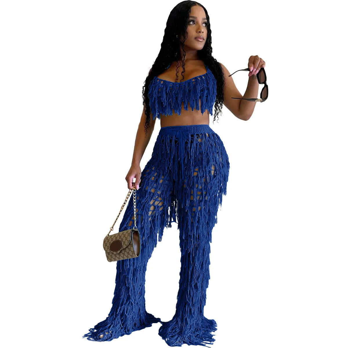 FAGADOER Sexy Hollow Out Tassels Pants Two Piece Sets Women Halter Sleeveless Backless Crop Top + Pants Outfit Female Streetwear
