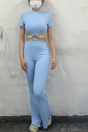 Ladies Jumpsuit Summer Outfit 2023 Sexy O-Ring Decor Cutout Short Sleeve Jumpsuit Sexy Backless Cutout High Waist Jumpsuit