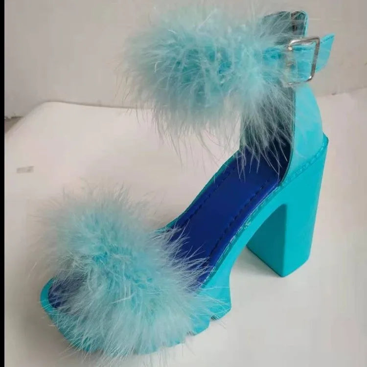 New Women's Summer Sandals Coarse-heeled Fur Rubber Sandals Shoes Women Platform Heels Mary Janes Shoes High Heels Leather Shoes