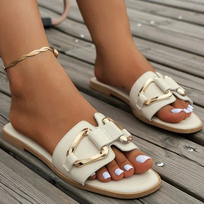 Damen Metall-Dekor Einriemer Flache Sandalen Mode Sexy Offene Zehen Outdoor Slides Luxuriöse Bürodame Party Damenschuhe