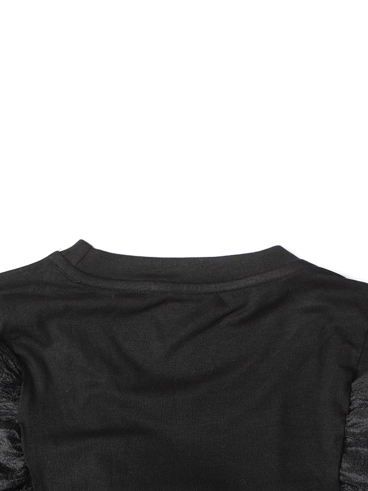 TWOTWINSTYLE Solid Spliced Bowknot T Shirt For Women O Neck Long Sleeve Patchwork Mesh Casual Temperament T Shirts Female Style