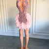 Luxury Sheer Neckline Women Cocktail Dress Pink Feather Black Girl Short Prom Dresses 2026 For Birthday Party