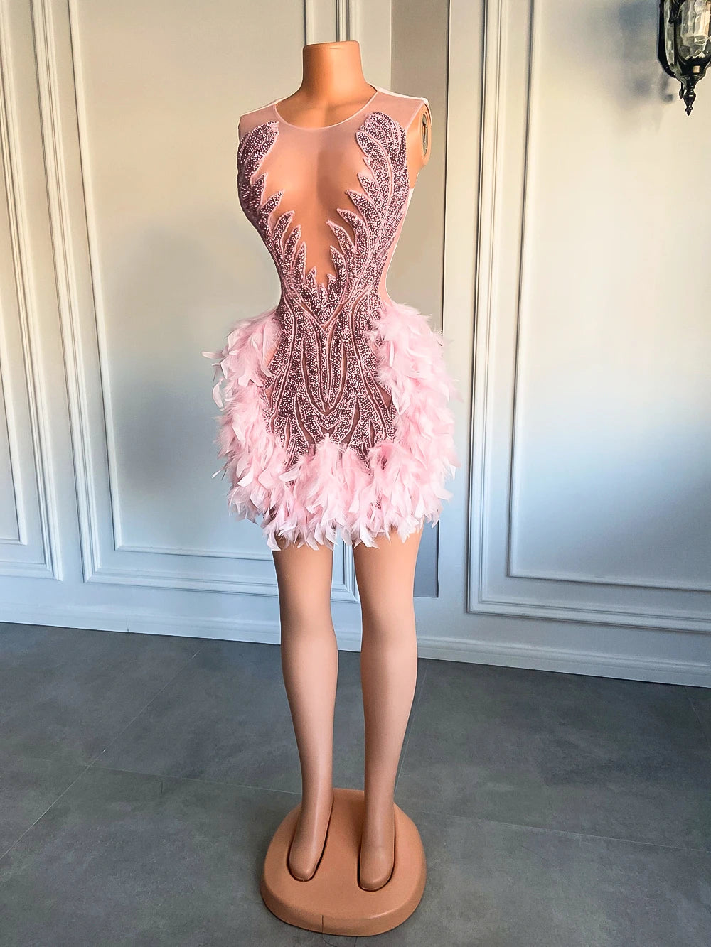 Luxury Sheer Neckline Women Cocktail Dress Pink Feather Black Girl Short Prom Dresses 2026 For Birthday Party