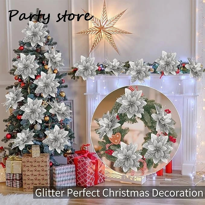 Silver Glitter Christmas Flowers Silver Xmas Tree Artifical Flower Ornaments Merry Christmas Decoration For Home Party New Year